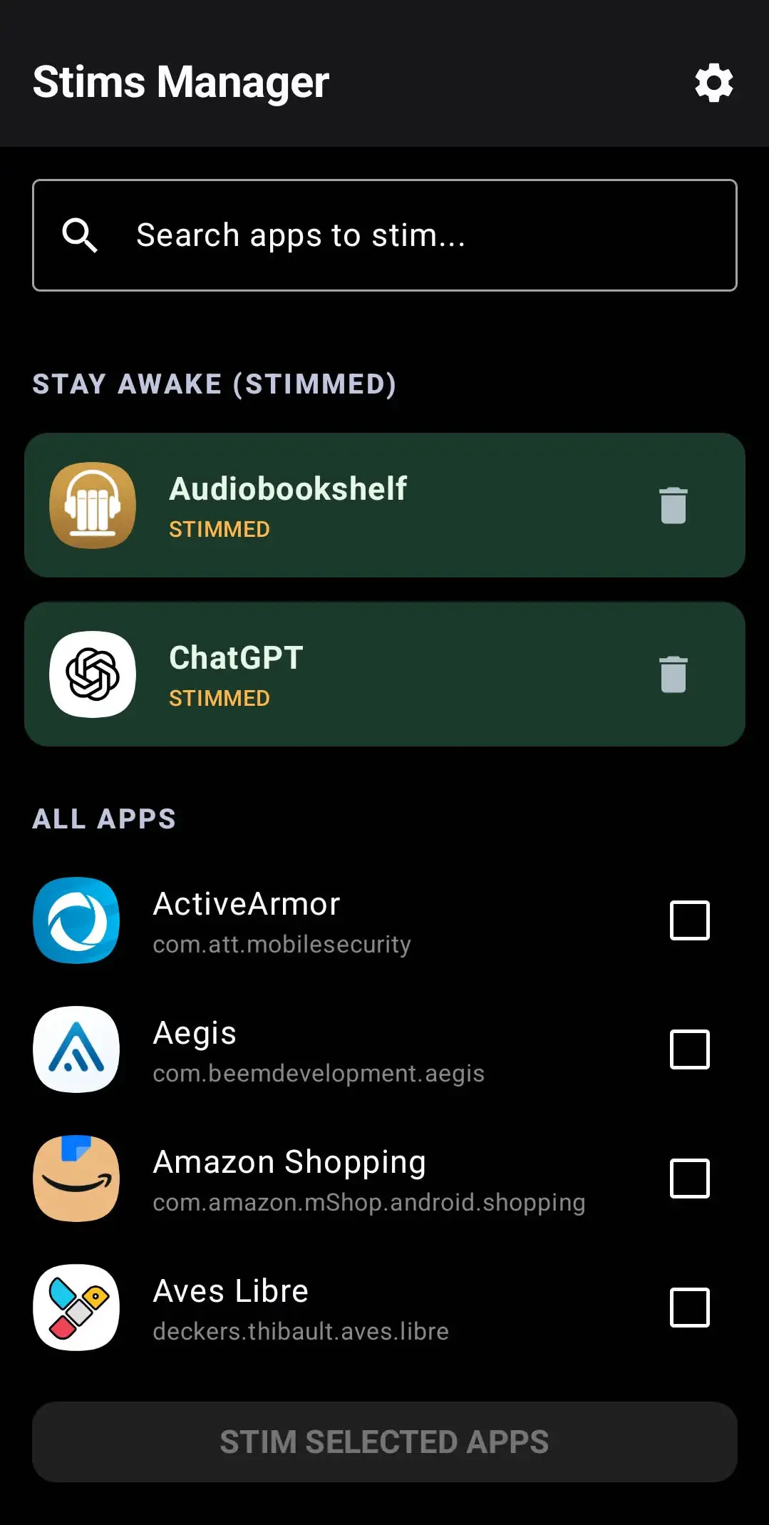 Stims Manager showing selected stimmed apps and the full application list