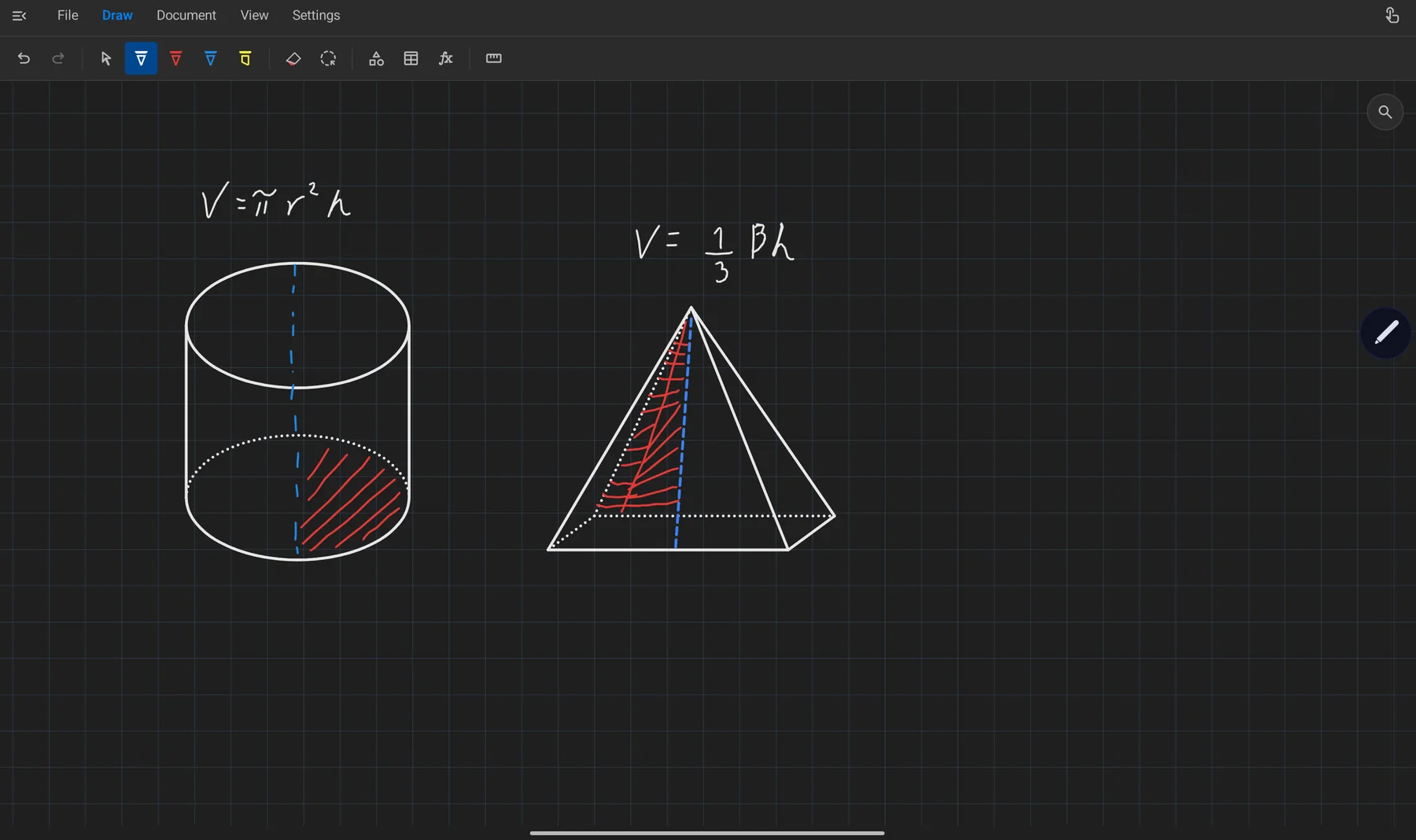 Vive Notes displaying handwritten geometry notes on a dark grid canvas